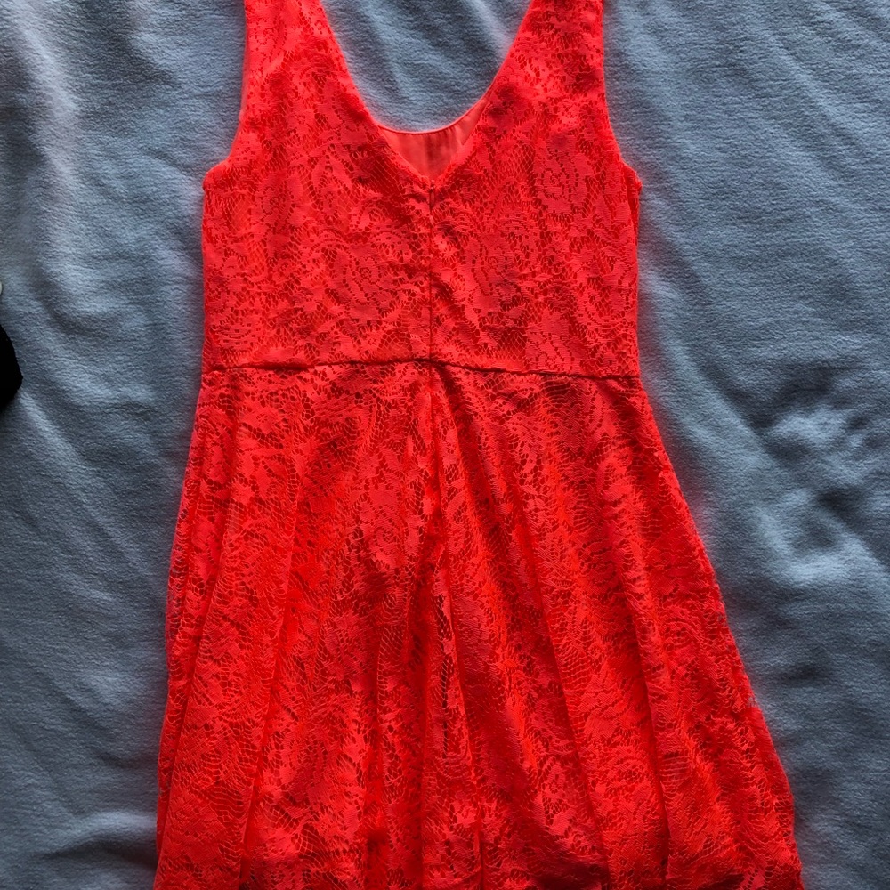 Neon coral floral lace dress